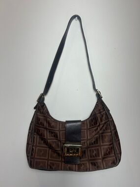 Italian Ripani Brown Monogram Shoulder Bag with Gold Accent